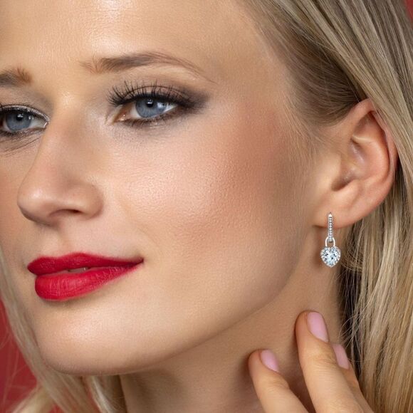 925 Sterling Silver 1.84 Cttw Light Aquamarine and White Sapphire Heart Earrings - Picture 3 of 4